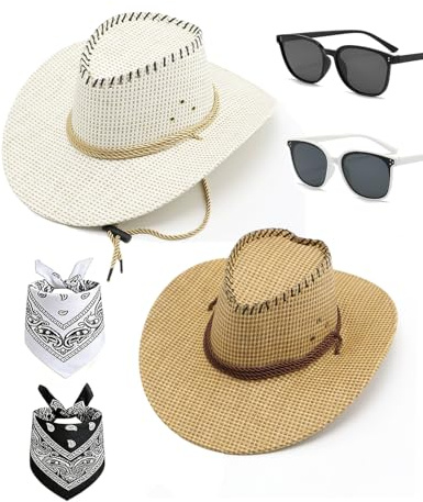 HAIYIPEIZENG Cowboy Hats Pack of 2 Unisex Felt Western Hats with Bandanas & Sunglasses,Texas Texan Costume Accessories for Men, Women,Daily Wear Birthday Cosplay Party Costumes