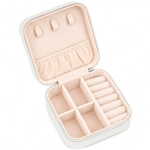 Viktauy Travel Jewelry Case, Mini Travel Jewelry Box, Jewelry Organizer Case, Portable Small Jewelry Organizer Storage Boxes - Best Gift for Women Girls (White)
