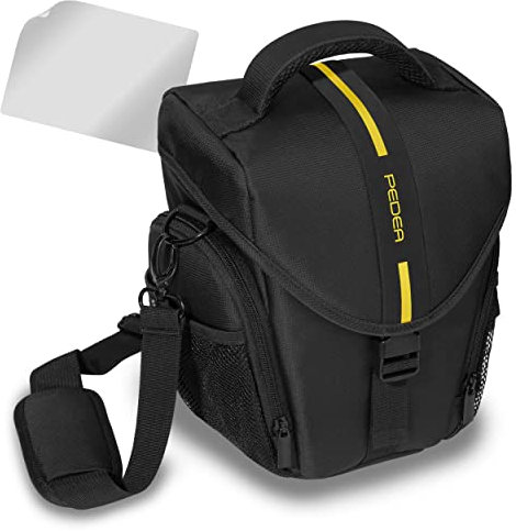 PEDEA DSLR-Kameratasche Essex mit Displayschutzfolie für Canon EOS 5D 5D Mark II 400D 2000D / Nikon D60 D80 D90 D3100 D3200 D3300 D3400 D5300 D7100 / Pentax K 30 K 50 K 500, Gr. L gelb