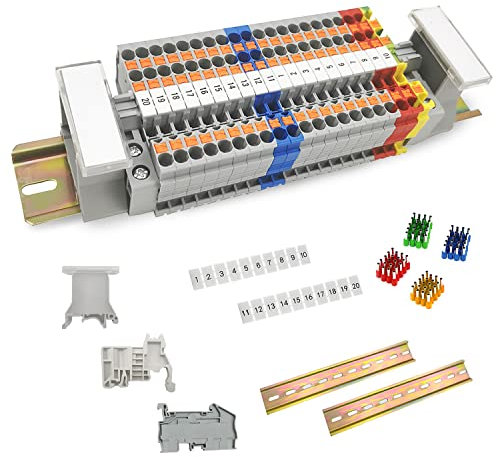 JINXIAN DIN Rail Connectors Block Terminal Kit PT2.5-TWIN Rail Terminals Through Terminal Terminal Block Kit Electric with Rail Clamp Marking Strips