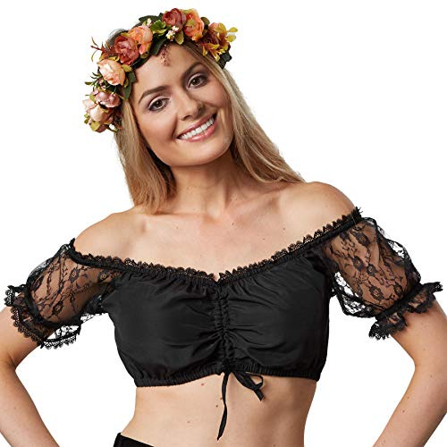 dressforfun Chemisier Femme Maria, Coupe Carmen, Manches Courtes en Dentelle, Chemisier pour Robe Bavaroise, Dirndl, Oktoberfest, Déguisement Oktoberfest, Deguisement Femme, Carnaval, Mariage, Noir
