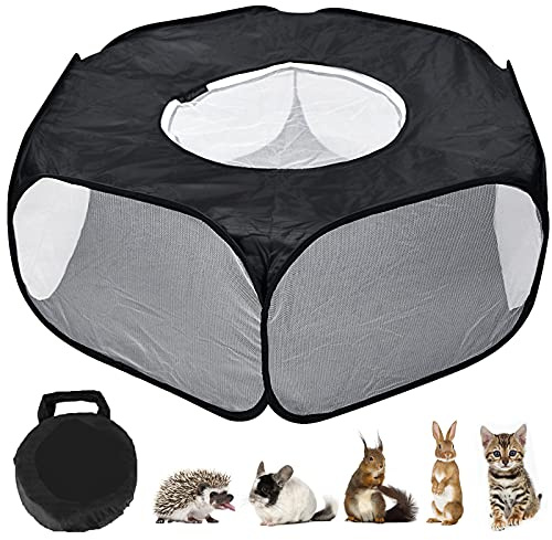 Small Animal Playpen, Hamster Guinea Pig playpen, Breathable Pet Playpen Portable Reptiles Cage Foldable Pop-Up Exercise Fence Outdoor Indoor Pet Tent for Rabbits, Chinchillas Hedgehogs (Black)
