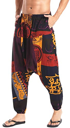AITFINEISM Herrbyxor Med Dragsko Lässige Hippie Harem Byxor Löst Drop Crotch Byxor (XL,Stil Gul)