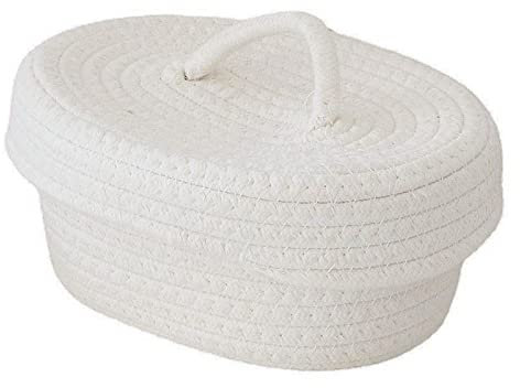 Mumusuki Schreibtisch-Aufbewahrungsbox mit Deckel, Handgefertigter Ovaler Baumwollseil-Deckel, Gewebter Kinderzimmer-Aufbewahrungsbehälter, Multifunktionaler Aufbewahrungskorb (Milchig weiß)