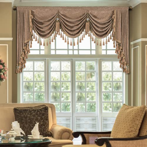 TOPLUXE Rideaux Cantonnière Cascade pour Fenêtres, Cantonnière en Chenille à Franges, Rideaux Courts pour Chambre Salon Cuisine Café (Largeur 200cm, Café)