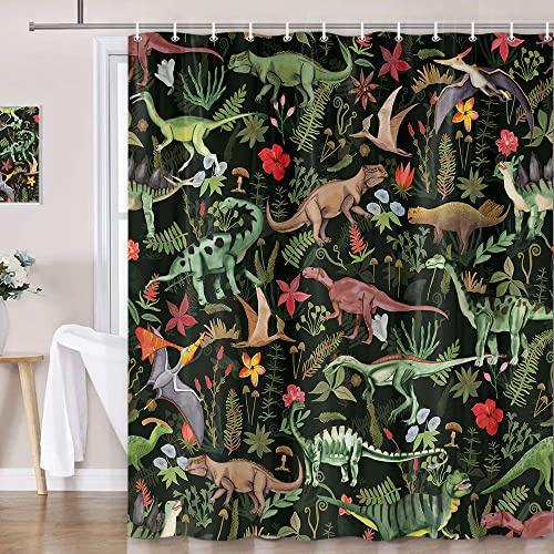 Wathon Dinosaurs Shower Curtain for Kids Bathroom, Cute Dino Bath Curtain Dinosaur Jungle Funny Cartoon Boys Girls Children Bathroom Decor Set Hooks Included 72X72IN