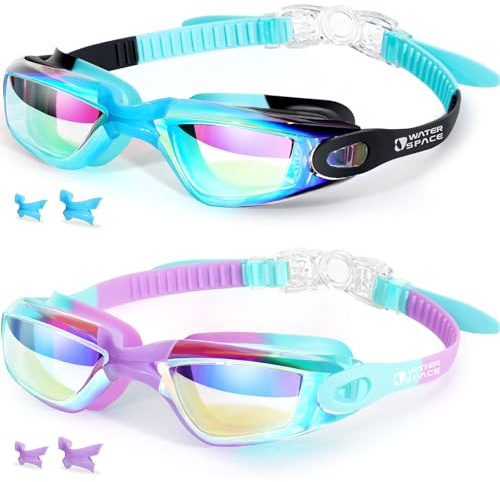 Water Space Kids Swimming Goggles, 2 Packs Swimming Goggles for Kids 3-14, Boys Girls Children Colored Swim Goggles Anti Fog,UV Protection,No Leaking