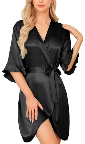 Lovasy Silk Dressing Gown for Women UK - Short Ruffle Satin Robe for Bride and Bridesmaid - Soft V-Neck Kimono Bathrobe for Summer, Black, L