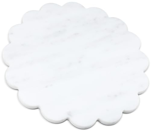 Newtay 12 Inches Marble Cutting Board Round Marble Tray White Scalloped Board with Non Slip Decorative Pastry Tray for Kitchen Pizza Cake Bread Baking Cheese Display