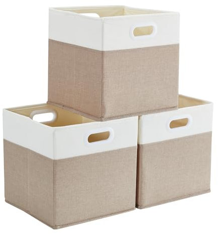 Mangata Cajas de almacenamiento de 30 x 30 x 30 cm, cestas de almacenamiento de tela para cubos de ropa, cestas, cofres, juguetes (Blanco Caqui Claro, 3 piezas)