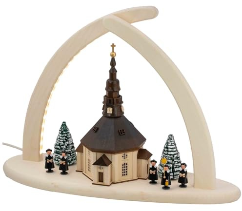 Seiffener Volkskunst Arco de Navidad LED en punta para decoración navideña, arco de luces para ventanas de los Montes Metálicos, 43 x 33 cm, iglesia de Seiffener