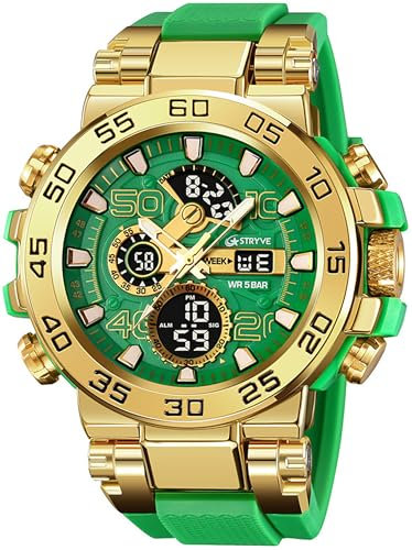 findtime Bunte Uhren Herren 5ATM Wasserdicht Digitaluhr mit Doppelzeit 12/24H Anzeig LED Datum Stoppuhr Große Herrenuhr Cooles Militär Design Grün Gold