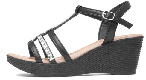 Lilley Womens Black Wedge Diamante T-Bar Sandal - Size 6 UK - Black