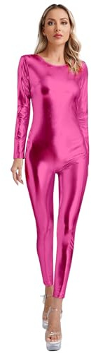 Riismen Donna Metallic Body da Ginnastica Manica Lunga Tuta Intera Aderente Stretch Tuta Wetlook Body Rave Party Danza Unitard Jumpsuit Costume Carnevale Rosa acceso M