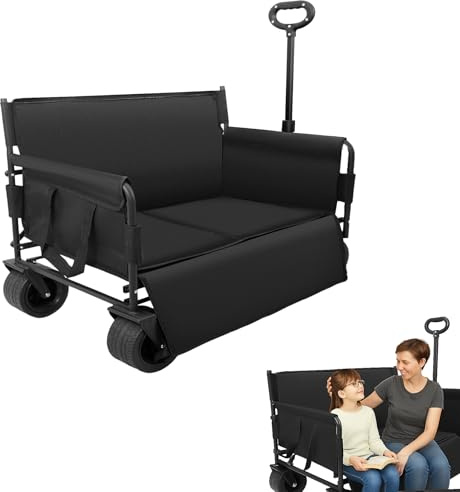 Bollerwagen Strand mit Sitzen: Faltbarer Handwagen bis 200kg XXL mit Alle Gelände Breite Räder und Verstellbarem Griff - Camping Faltwagen für Outdoor Garten Picknick Shopping Angeln, Schwarz