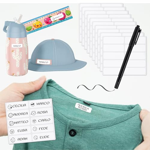 Etichette TermoAdesive per Vestiti Senza Ferro Da Stiro, Set 100 Etichette con Pennarello, Resistenti a Lavaggi 60°C e Asciugatrice, Personalizzabili, Ideali per Scuola e Bambini