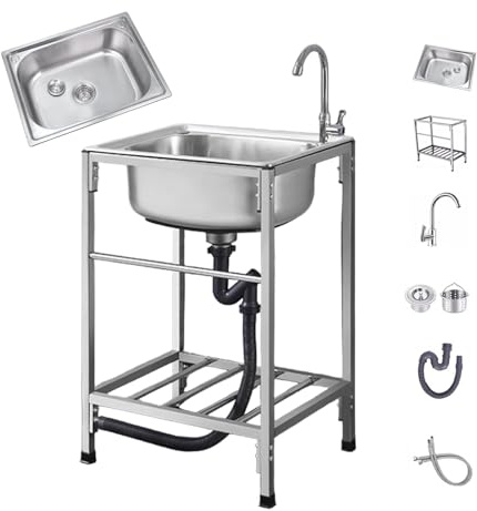 BRCYKRWY Evier INOX Cuve Simple Évier 1 Bac De Jardin Extérieur,Éviers De Cuisine Lavabo Portable Sur Pied Acier Inoxydable Pour Extérieur,restaurants,buanderies,caves,bars