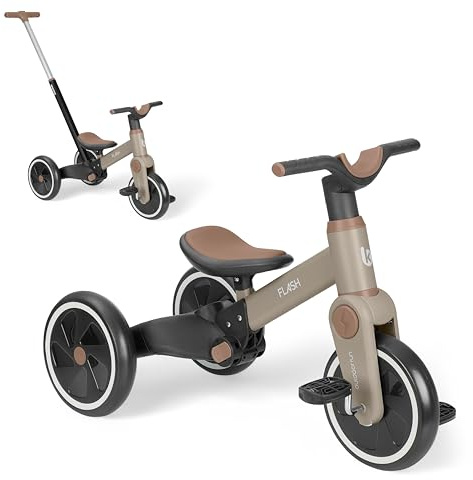 KikkaBoo Triciclo Evolutivo de Bebé 5 en 1 Flash, Desde 18 Meses a 4 Años, Transformable en Bicicleta Sin Pedales, con Manillar de Empuje Ajustable, Ligero, Ruedas EVA, Beige