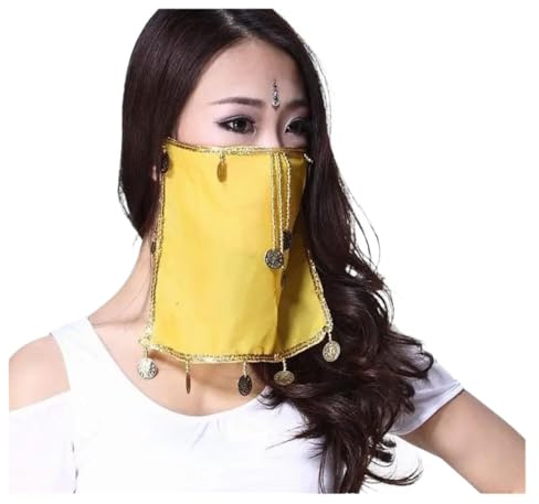Voile De Danse Voile de visage de danse du ventre avec pièces de monnaie, accessoire de Costume, voile solide Voile De Danse Du Ventre Avec Perles(Yellow)