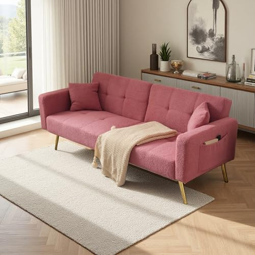 Lubvtti Sofá cama de 2 plazas con respaldo ajustable, bolsillos de almacenamiento laterales, cojines y patas doradas, sofá de 2 plazas (C-Rosa)