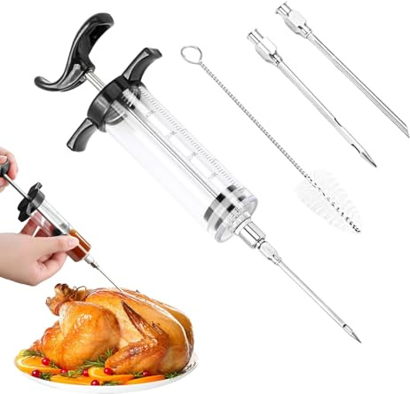 Upgrade Upgrade Barbecue Seasoning Marinade Meat Injector, 50ml Stainless Steel Flavor Injector Syringe with 3 Needles & Cleaning Brush, for Turkey, Chicken, Steak, BBQ (B)