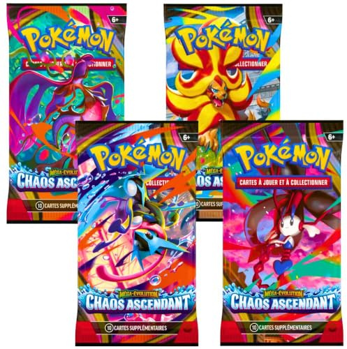 Pack de 4 Boosters Pokémon Chaos Ascendant - ARTSET Complet - Version Française - 40 Cartes Pokémon - Boosters Neufs et Scellés