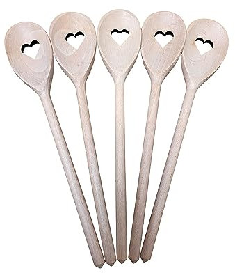 5 x Wooden Spoon Wood Spoons Turner Baking Tasting Cooking Heart Love 30 cm