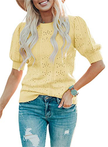Saodimallsu Chemises à manches courtes pour femmes décontractées en vrac mignons hauts unis à col rond t-shirt en tricot pull chandails chemisier jaune