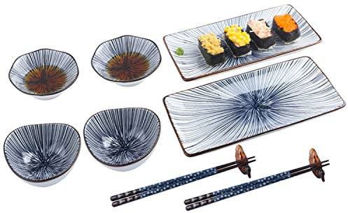 Artcome Juego de vajilla de cerámica de estilo japonés de 10 piezas para inauguración de la casa de boda, 2 platos de sushi, 2 platos de salsa, 2 cuencos de aperitivos, 2 pares de palillos, 2 soportes
