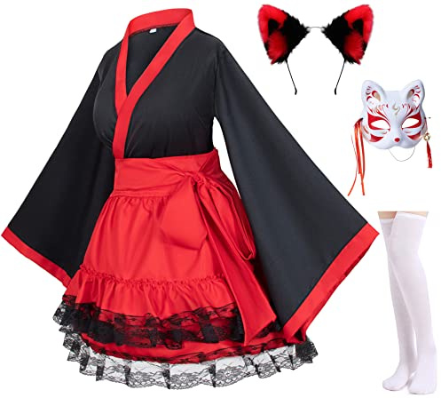 Elibelle Japanese Anime red Black Kimono Fox Rabbit Cosplay Costume Furry Fox Ear with Socks XL