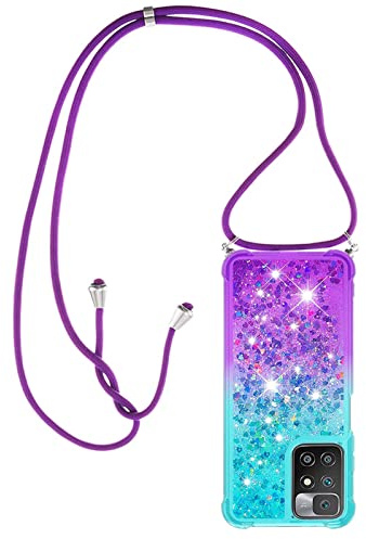 Paekear Halsband för Xiaomi Redmi 10 silikonskal, flytande glitterflickor, kvinnor, axelbandsfodral och snodd, med justerbar snoddficka, blå och lila