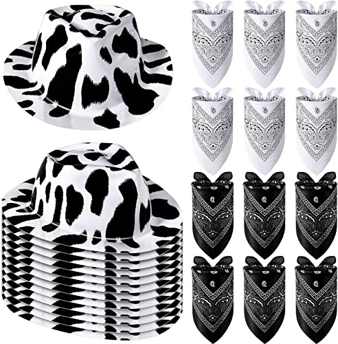 Haysandy 24 Pcs Cow Print Cowgirl Cowboy Hats Bulk with Bandana Felt Cow Party Hats for Women Men Western Costume Party (Black)