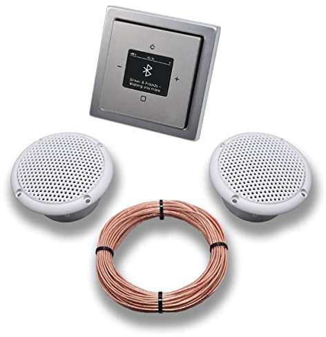 Busch Jäger DAB+ Bluetooth Unterputz Unterputzradio DAB BT 8217 U – 101 PUR Edelstahl Komplettset + 2 x Deckenlautsprecher Feuchtraum Badezimmer + 20 m Lautsprecherkabel 2x0,75 mm² 8217U-101