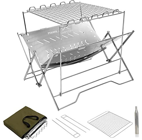 PSKOOK Edelstahl Campinggrill Klappbarer, Tragbarer Feuerstelle Grillrost Zerlegbarer Camping Stove mit Pocket Bellow Für Picknicks, Hinterhöfe (Set 1)