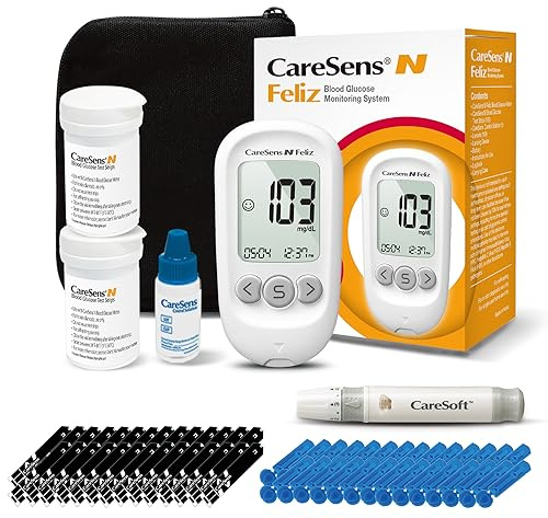 CareSens N Feliz Blood Glucose Monitoring Kit with 100 Blood Sugar Test Strips, 100 Lancets, 1 Blood Glucose Meter, 1 Lancing Device, 1 Control Solution, Travel Case for Diabetes Testing Kit for Personal Use