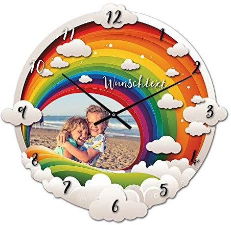 PhotoFancy® - Fotouhr aus Kunststoff - Uhr mit Foto Bedrucken - Wanduhr mit eigenen Fotos gestalten - 35 cm - Zeiger Schwarz - Layout Regenbogen