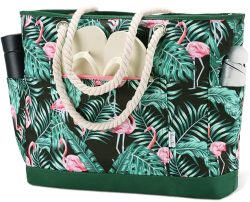 Chase Chic Sac de Plage Femmes，Grand Sac Fourre-Tout de Plage Étanche avec Poches et Fermeture Éclair,Sacs à Cabas pour Voyages Gym Piscine Flamant rose