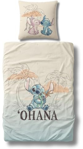 MTOnlinehandel sängkläder 135 x 200, barnsängkläder motiv Ohana Lilo & Stitch för flickor och pojkar, tonårssängkläder, 100 % bomull, 1 x örngott 80 x 80 + påslakan 135 x 200 (stitch)