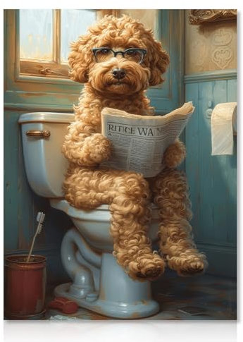 Dazzlewall Divertente Poster Murale Bagno Cane che legge il giornale sul water, stampe d'arte murale di cani vintage per la decorazione del bagno 12x16 in Senza Cornice