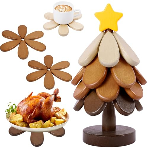 Wooden Tree Trivets for Hot Dishes, Christmas Tree Shape Trivet Set of 4 for Hot Pot Pans, Christmas Wood Coasters for Bowls Teapots Drinks Plates, Home Table Decor(Walnut Wood)