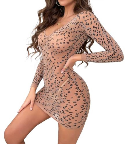GOCBOBO Robe de Lingerie Sexy à Léopard pour Femmes Robe de Body à Col en V Chic Bodycon Dress Moulante à Manches Longues Beige