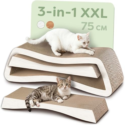 Knupis Tiragraffi Gatto 3 Pezzi XXL 75 cm – Cartone Resistente per Cura delle Unghie – Fino a 2 Anni di Utilizzo – Salvaspazio – Protegge Divani e Mobili (Mountain- Bianco)