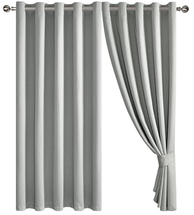 Blackout Curtains Embossed Leaf Jacquard - Polyester Room Darkening Eyelet Grommet Panels, Thermal Insulated Solid Foliage Pattern with Tiebacks Included (Silver, 46 x 54 (116 x 137 cm))