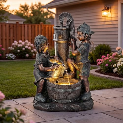 Ultym 26 Outdoor Fountain, 3-Tier Boy-Girl Playing with Faucet Water Feature with LED Lights, Antique Resin Soothing Cascading Waterfall for Patio, Backyard, Garden or Porch