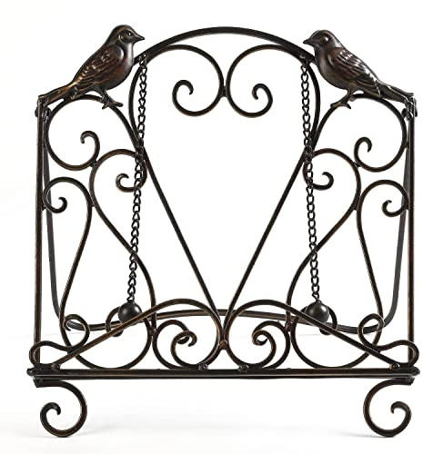 MOCOME Metal Cookbook Stand Clearance Recipe Book Holder for Kitchen (Birds/Vintage Scrolls, Bronze)