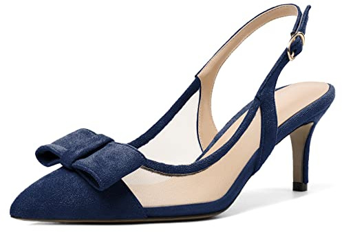 Elashe Women Stiletto Slingback Pumps Pointed Toe Mid Heel Wedding Shoes Navy EU41