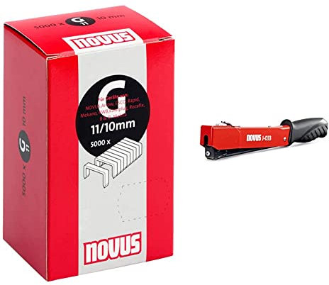 Novus Flachdrahtklammern für Hammertacker 10 mm, 5000 Klammern vom Typ G 11/10 & J-033 Hammertacker, robuster Schlagtacker, ergonomischer Griff, Schnellladesystem für Flachdrahtklammern 6-10 mm, Rot
