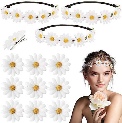 Oenothera 13 Piezas Daisy Corona De Flores, Corona Flores Mujer, Diademas De Flores, para Mujer o Niñas Actuaciones Fiestas Bodas Festivales(Blanco)