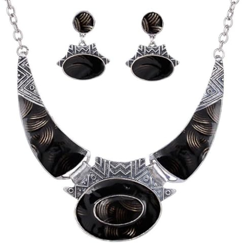 YAZILIND Ethnic Color Embossed Oval Gangle Bib Collar Earrings Necklace Jewelry Set Women