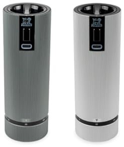 PEUGEOT - Duo Rechargeable Electric Pepper Mill + Salt Mill, Line u'Select 15 cm - Peppercorns + Rock Salt Included - 6 Pre-Set Grind Settings - Aluminum - Carbon Finish